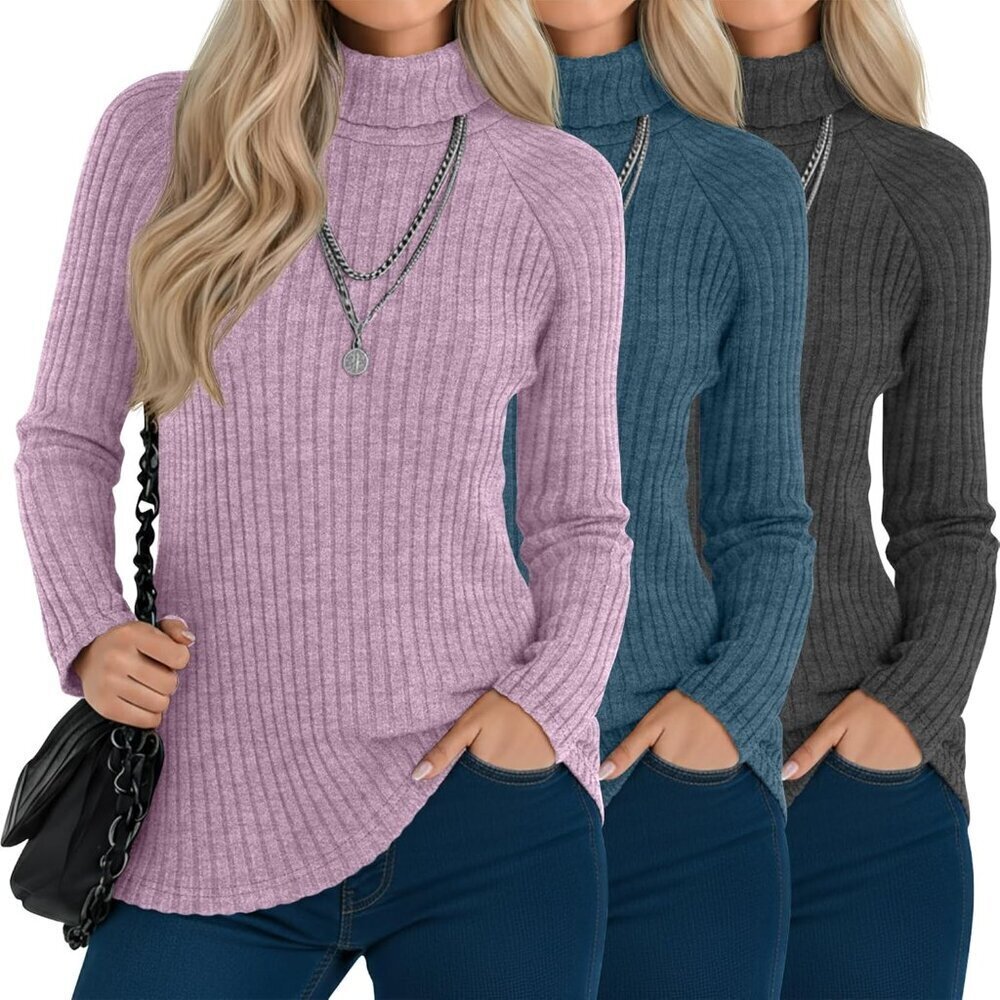 3 Pack Women's Turtleneck Sweaters Ribbed Curved Hem Loose Fit Basic Layer
